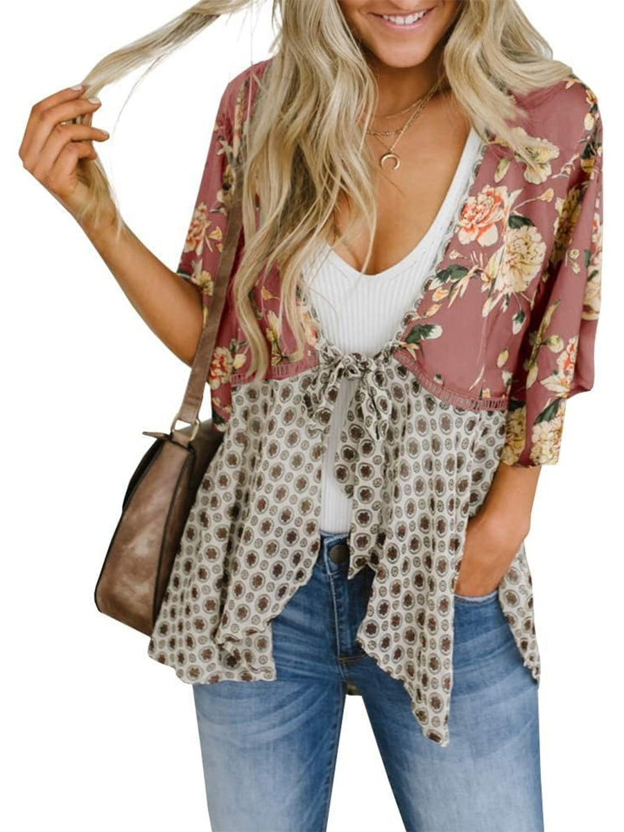 Damen Kimono mit Blumenmuster, Rüschenärmel, zum Binden, fließend, Boho, locker, als Überwurf