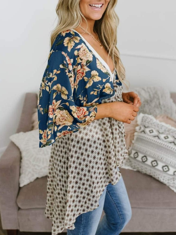 Damen Kimono mit Blumenmuster, Rüschenärmel, zum Binden, fließend, Boho, locker, als Überwurf