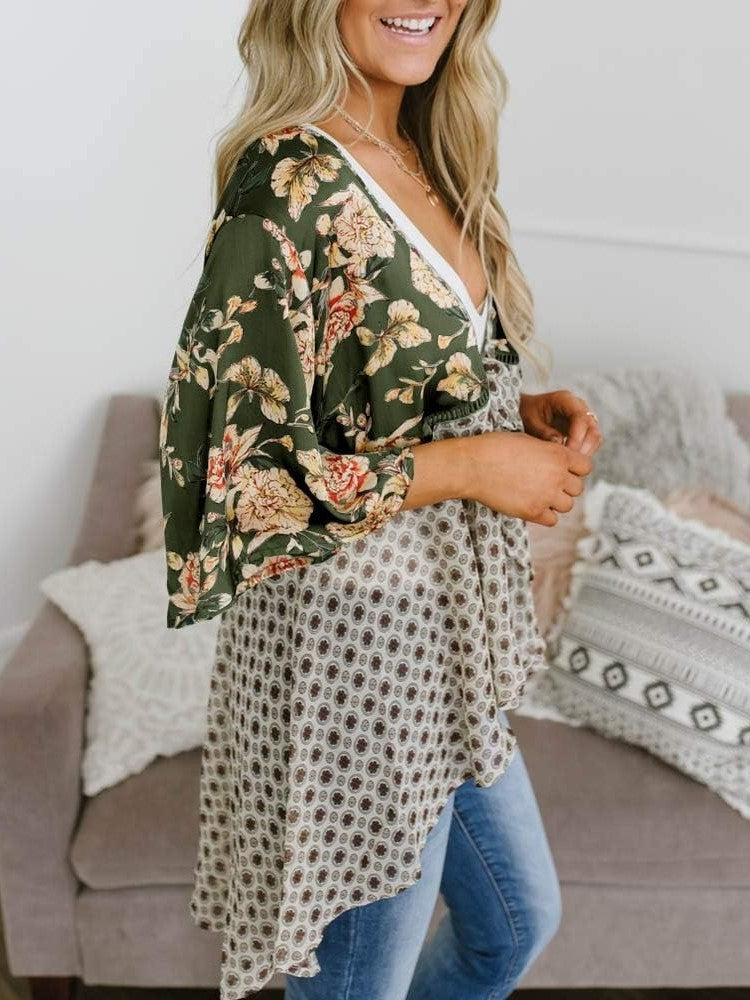 Damen Kimono mit Blumenmuster, Rüschenärmel, zum Binden, fließend, Boho, locker, als Überwurf