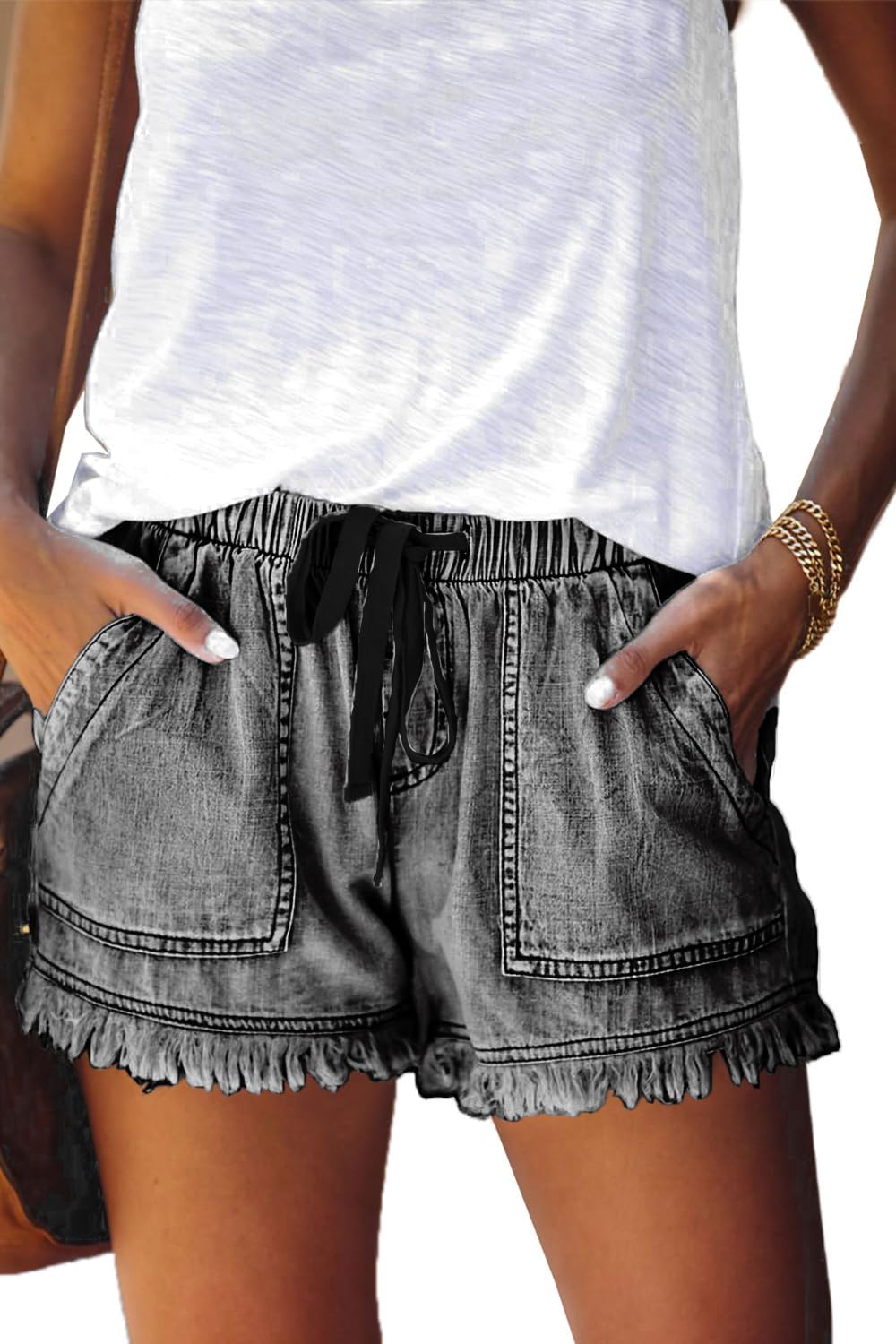 Damen leichte Shorts, lässig, weit geschnitten, trendige kurze Hose, elastischer Bund mit Kordelzug, bequeme Shorts